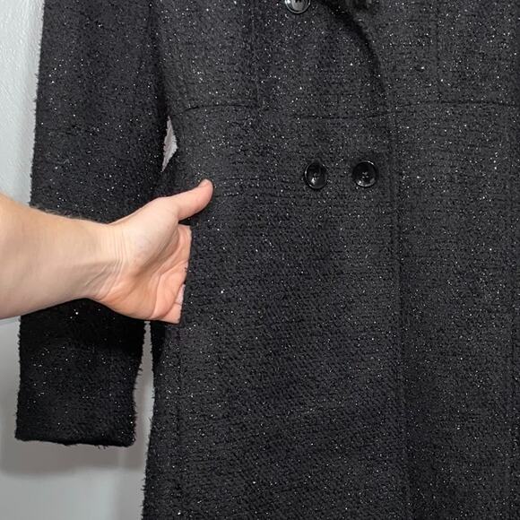 Black Metallic Sparkle Belt Jacket Size 12 Tweed Coat Faux Fur Collar Whimsigoth - Picture 4 of 16